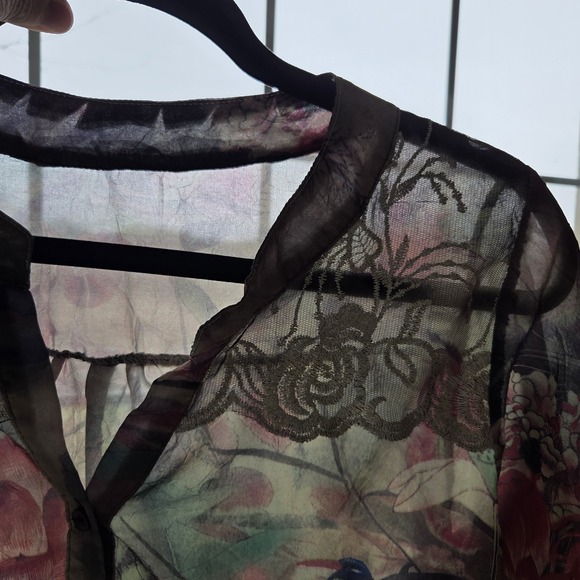 Womens XS S Blouse Semi Sheer Tunic Embroidered Boho Artsy Abstract Watercolor - Picture 5 of 7